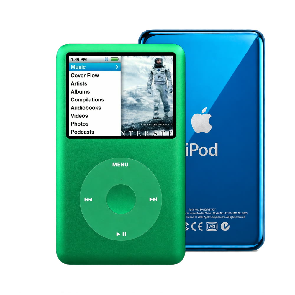 Green refurbished iPod Classic 7th Gen with Green click wheel and Blue back plate