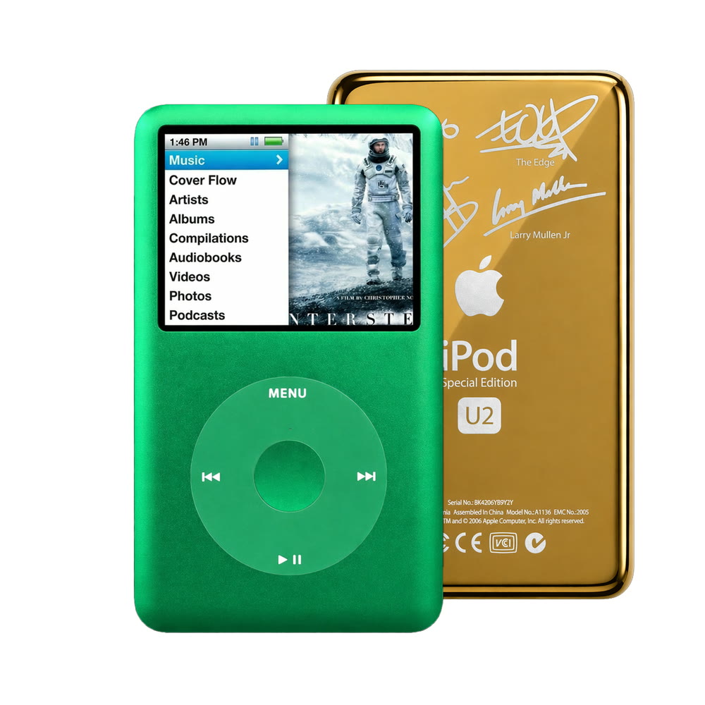 Green refurbished iPod Classic 7th Gen with Green click wheel and Gold U2 back plate