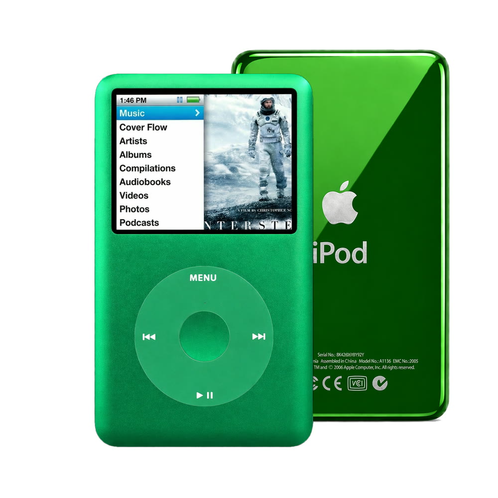 Green refurbished iPod Classic 7th Gen with Green click wheel and Green back plate