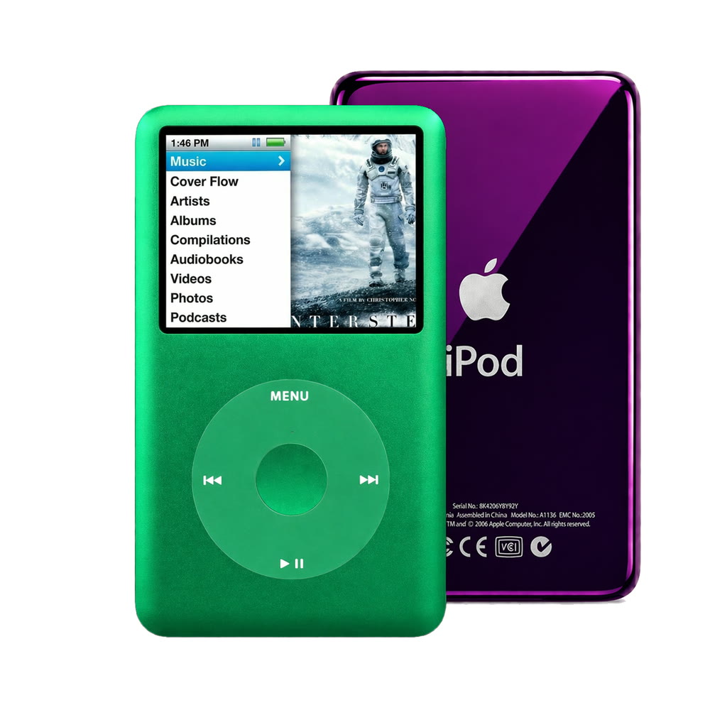 Green refurbished iPod Classic 7th Gen with Green click wheel and Purple back plate
