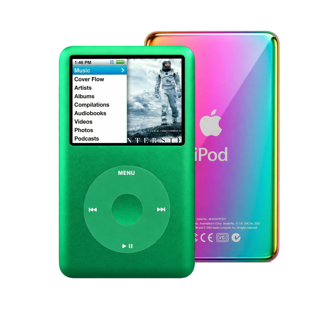 Green refurbished iPod Classic 7th Gen with Green click wheel and Rainbow back plate