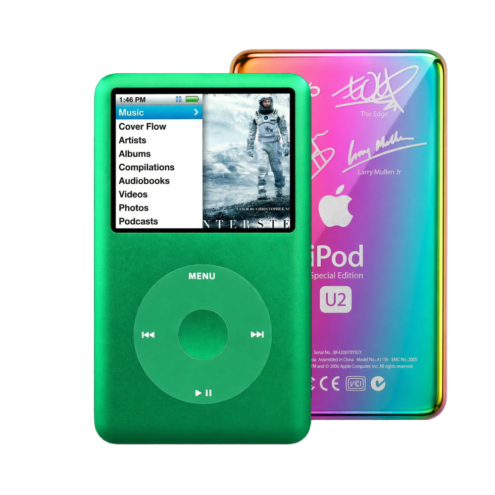 Green refurbished iPod Classic 7th Gen with Green click wheel and Rainbow U2 back plate