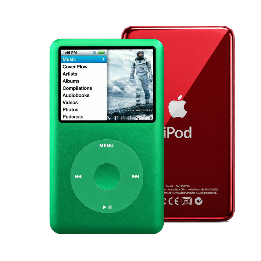 Green refurbished iPod Classic 7th Gen with Green click wheel and Red back plate