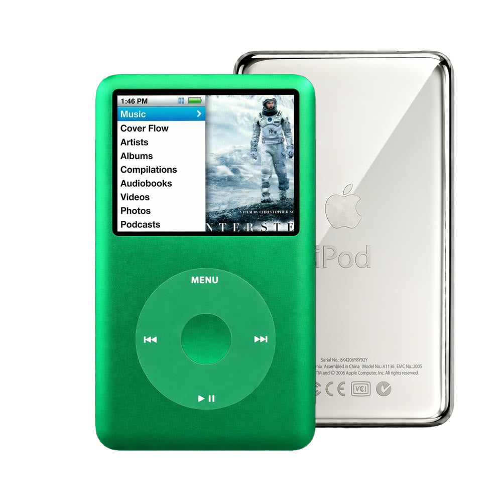 Green refurbished iPod Classic 7th Gen with Green click wheel and Silver back plate