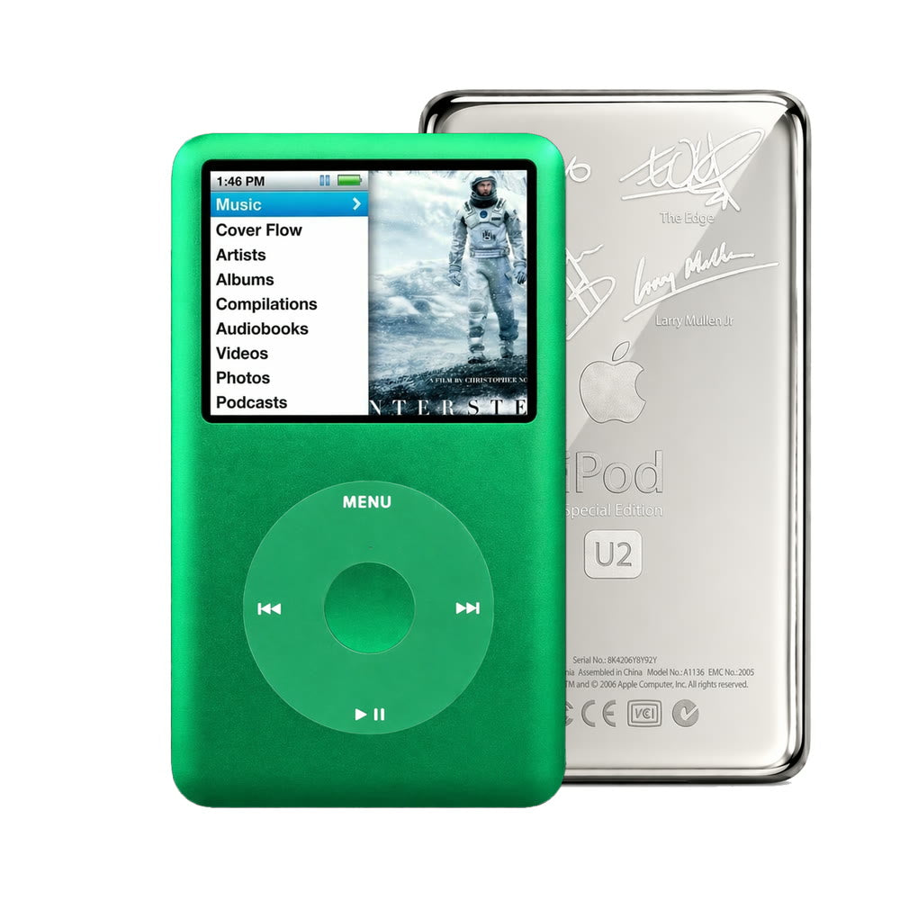 Green refurbished iPod Classic 7th Gen with Green click wheel and Silver U2 back plate