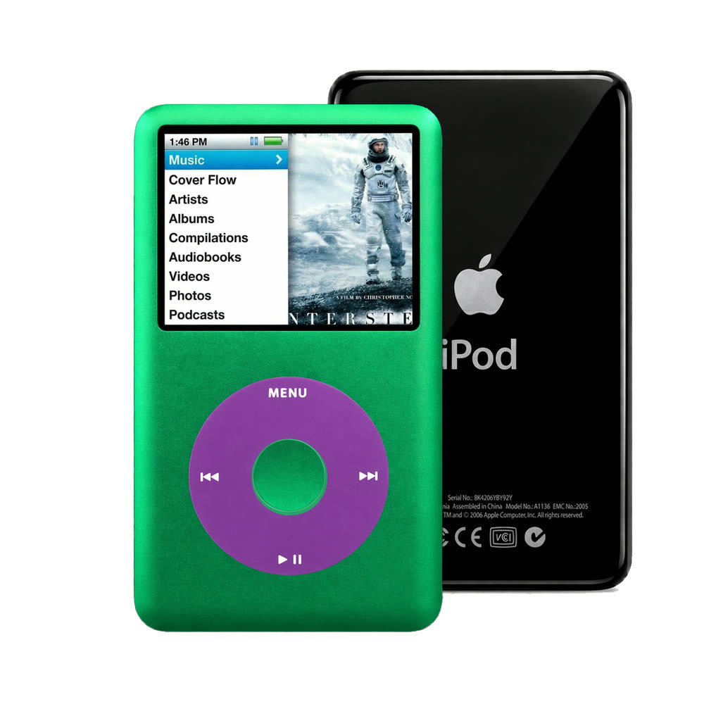 Green refurbished iPod Classic 7th Gen with Purple click wheel and Black back plate