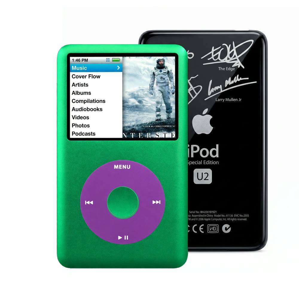 Green refurbished iPod Classic 7th Gen with Purple click wheel and Black U2 back plate
