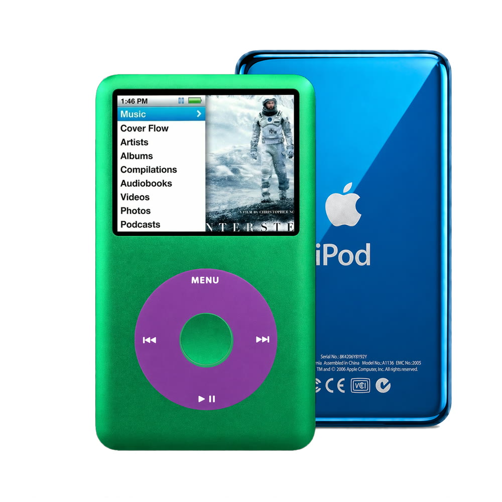 Green refurbished iPod Classic 7th Gen with Purple click wheel and Blue back plate