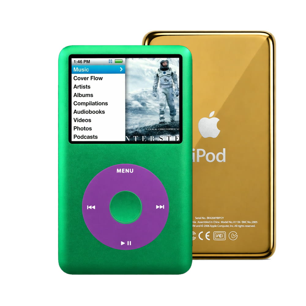 Green refurbished iPod Classic 7th Gen with Purple click wheel and Gold back plate