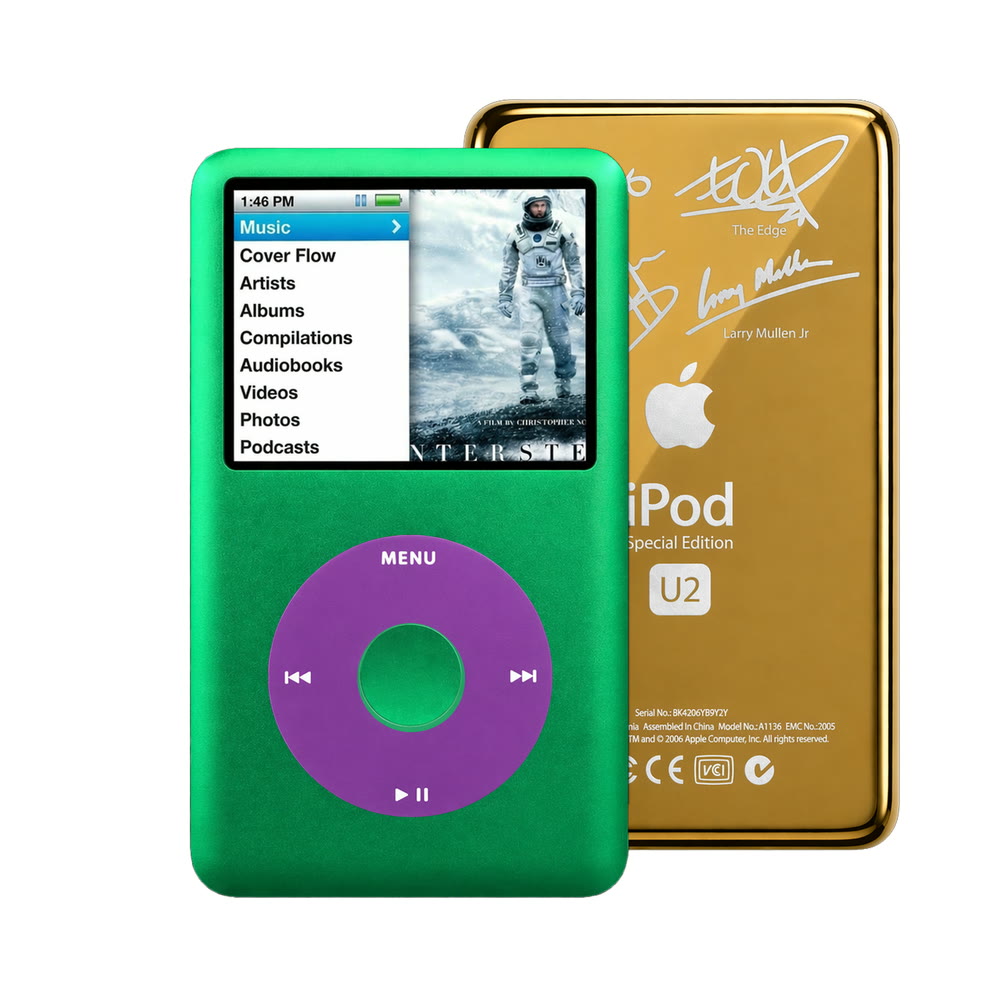Green refurbished iPod Classic 7th Gen with Purple click wheel and Gold U2 back plate