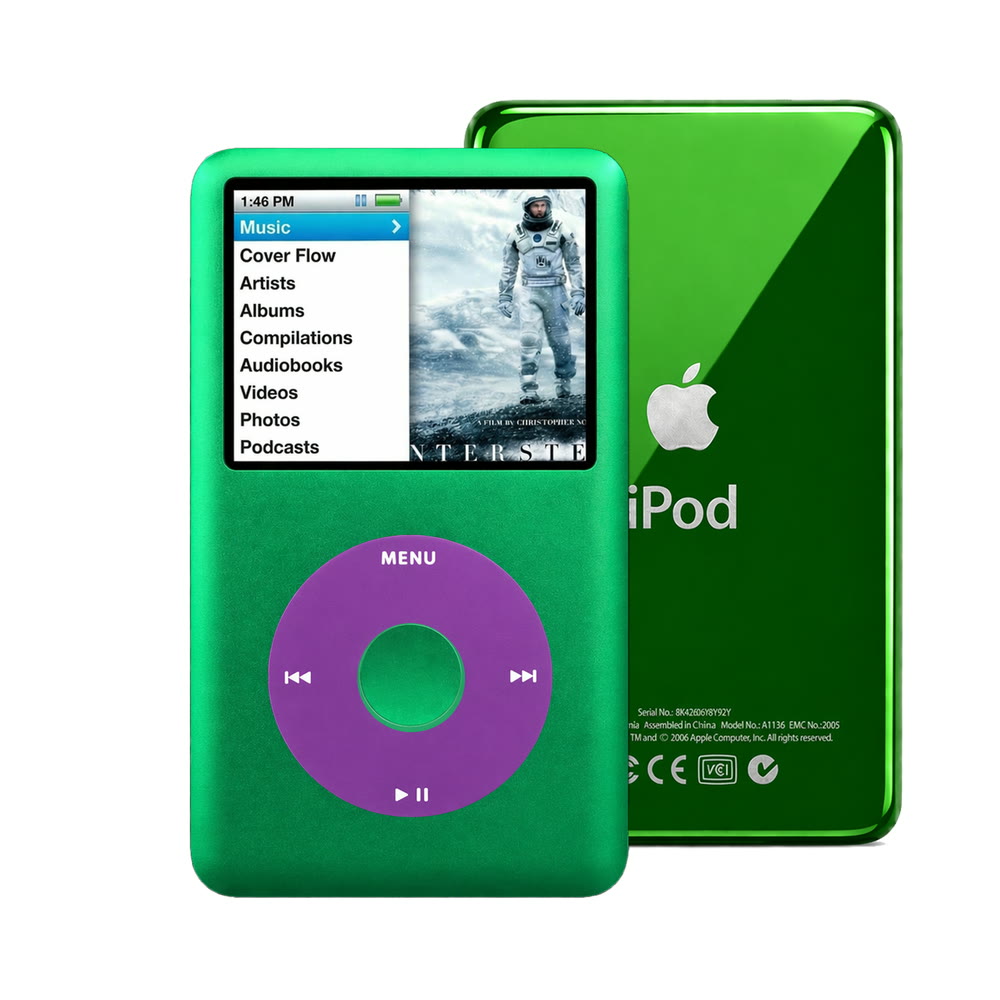 Green refurbished iPod Classic 7th Gen with Purple click wheel and Green back plate