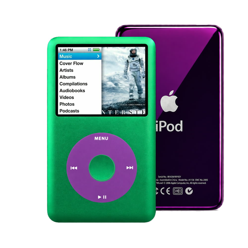 Green refurbished iPod Classic 7th Gen with Purple click wheel and Purple back plate