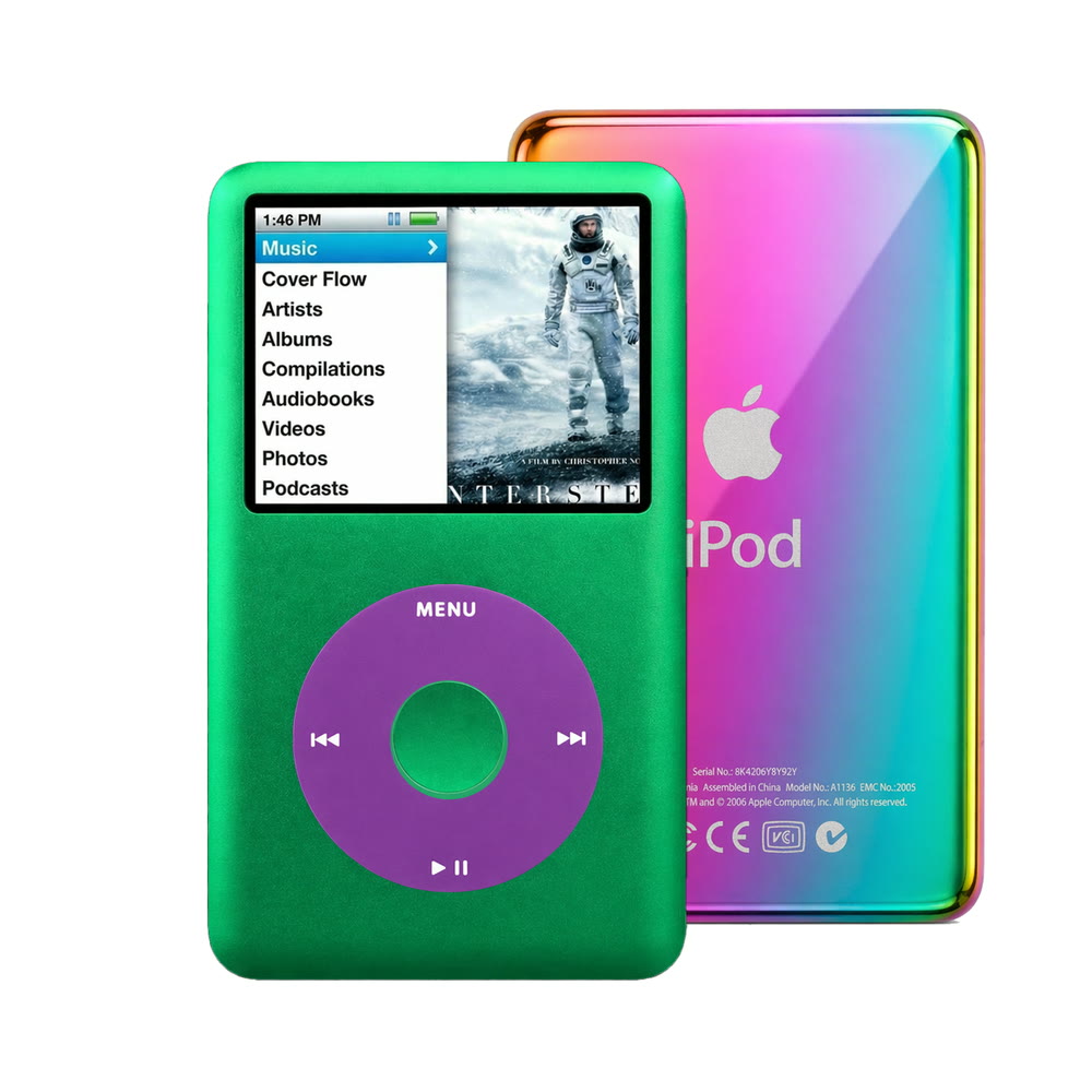 Green refurbished iPod Classic 7th Gen with Purple click wheel and Rainbow back plate