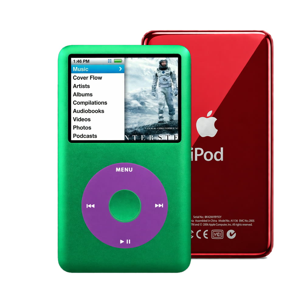 Green refurbished iPod Classic 7th Gen with Purple click wheel and Red back plate