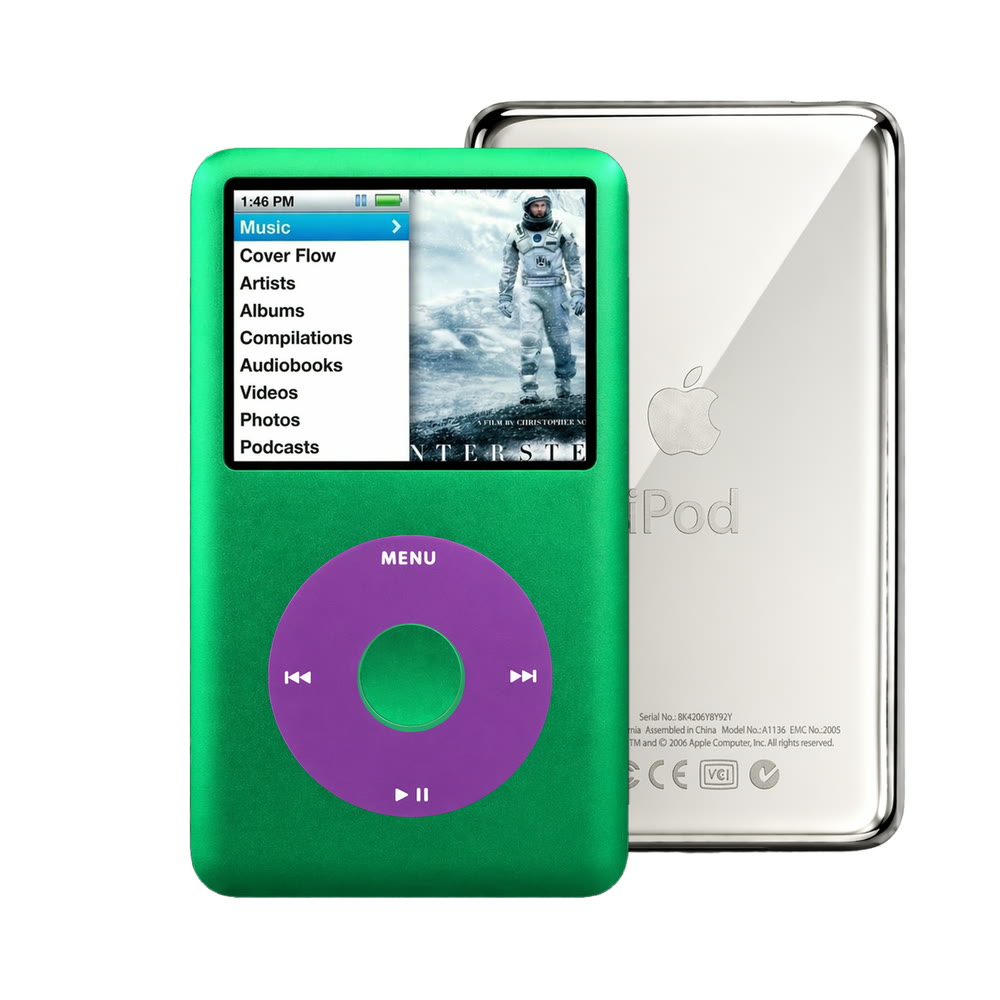 Green refurbished iPod Classic 7th Gen with Purple click wheel and Silver back plate