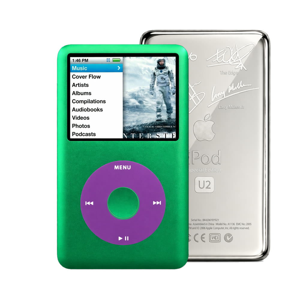 Green refurbished iPod Classic 7th Gen with Purple click wheel and Silver U2 back plate