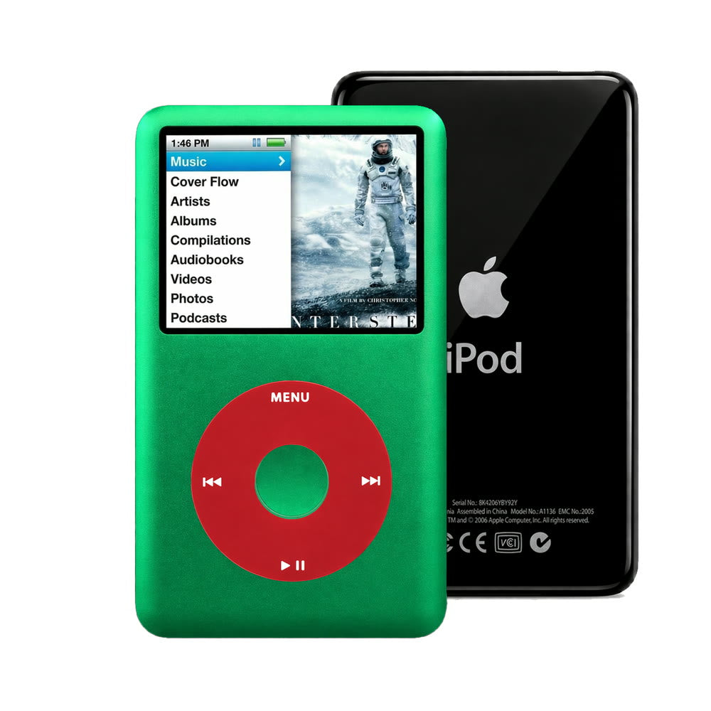 Green refurbished iPod Classic 7th Gen with Red click wheel and Black back plate