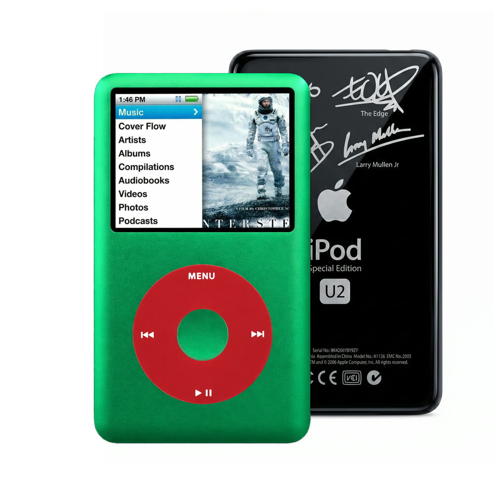 Green refurbished iPod Classic 7th Gen with Red click wheel and Black U2 back plate
