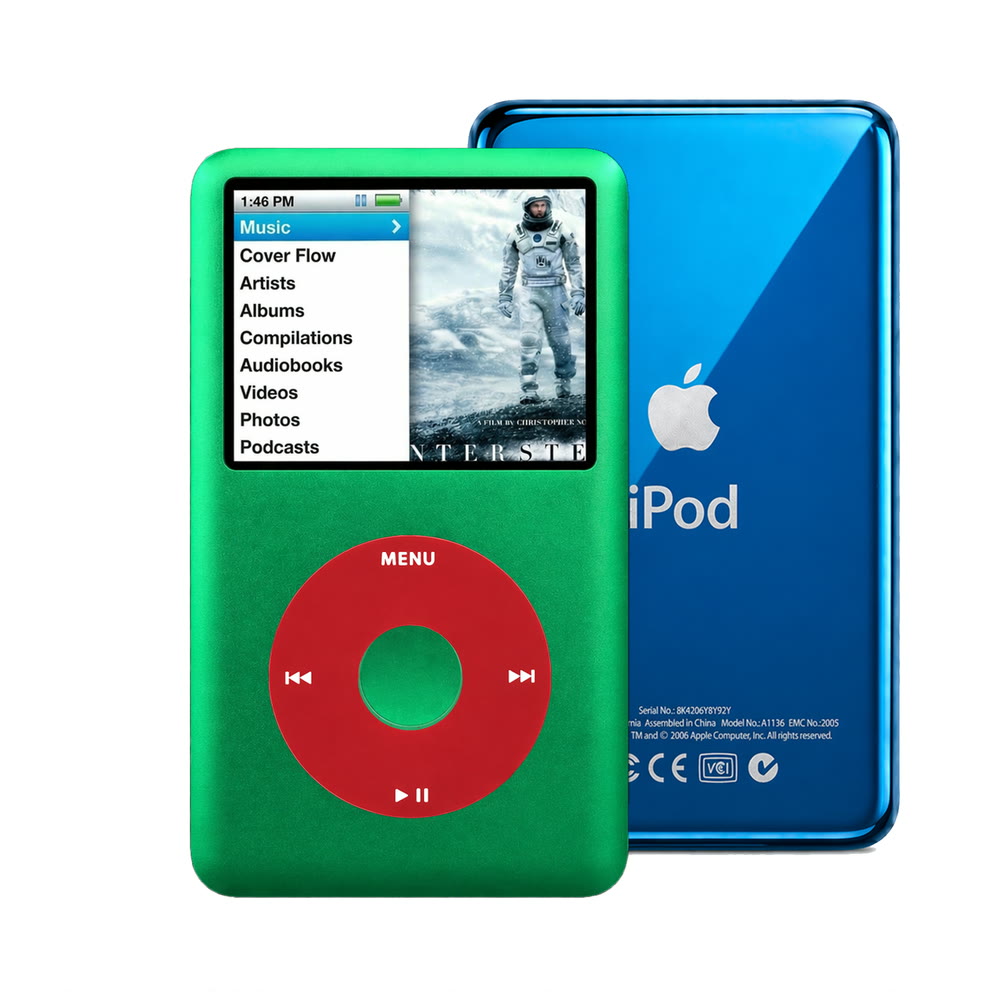 Green refurbished iPod Classic 7th Gen with Red click wheel and Blue back plate