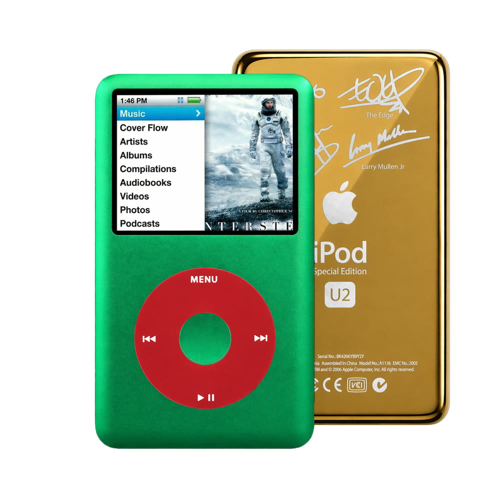 Green refurbished iPod Classic 7th Gen with Red click wheel and Gold U2 back plate