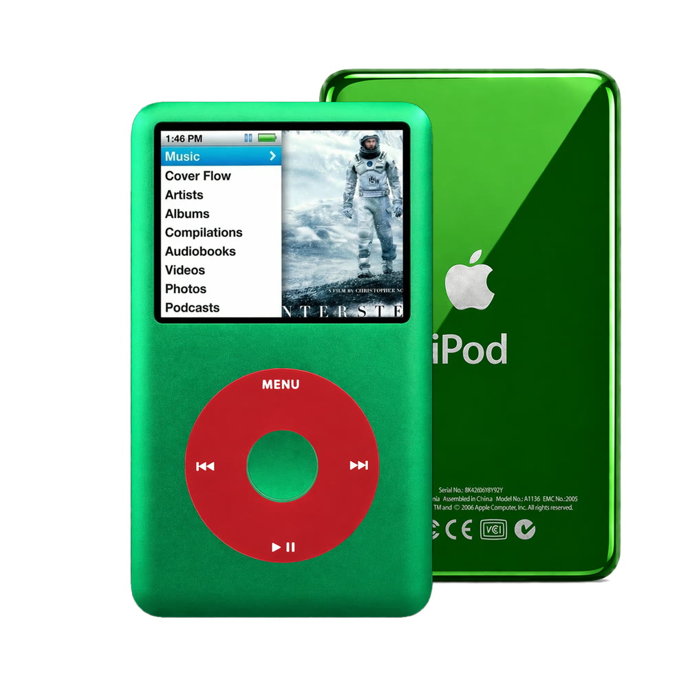 Green refurbished iPod Classic 7th Gen with Red click wheel and Green back plate