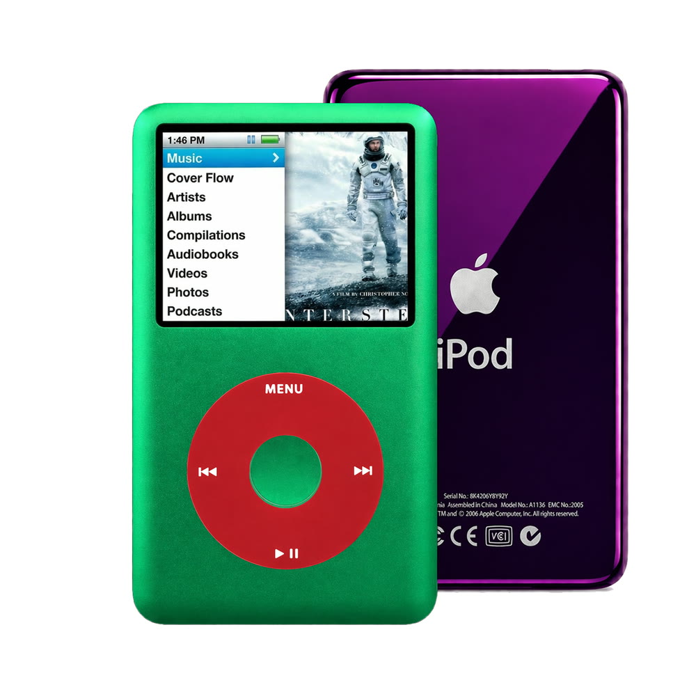 Green refurbished iPod Classic 7th Gen with Red click wheel and Purple back plate