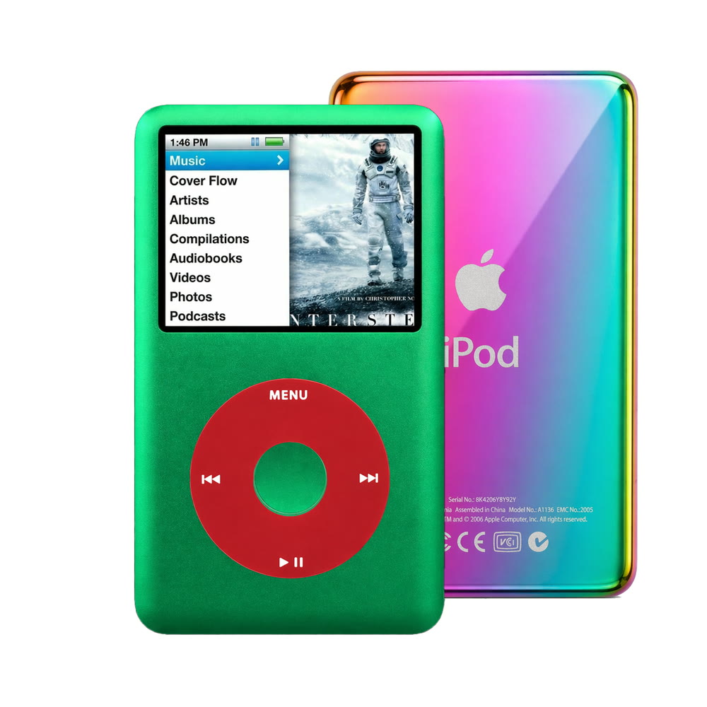 Green refurbished iPod Classic 7th Gen with Red click wheel and Rainbow back plate