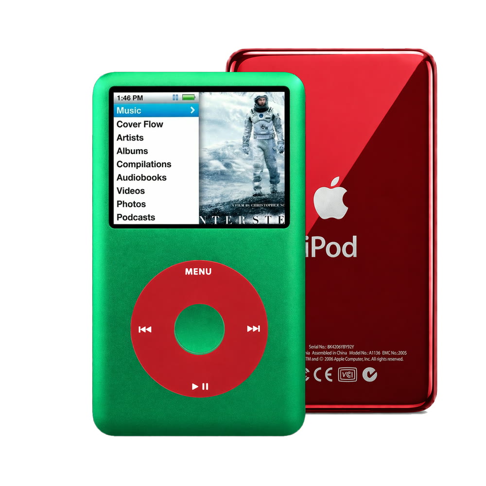 Green refurbished iPod Classic 7th Gen with Red click wheel and Red back plate