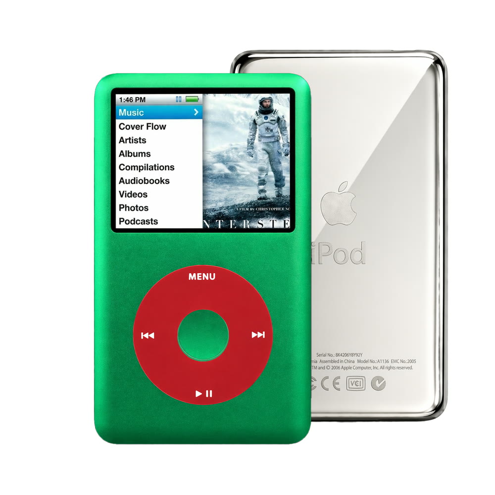Green refurbished iPod Classic 7th Gen with Red click wheel and Silver back plate