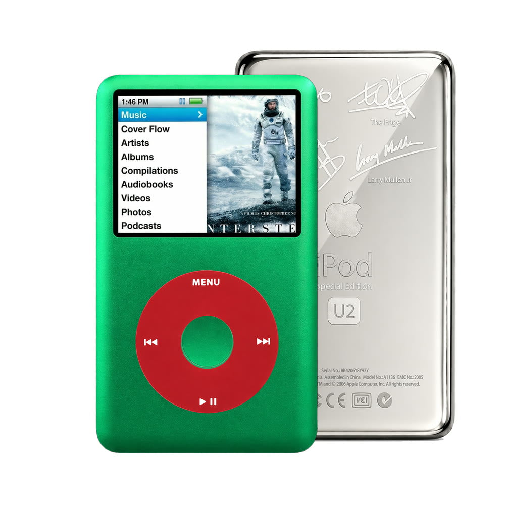 Green refurbished iPod Classic 7th Gen with Red click wheel and Silver U2 back plate
