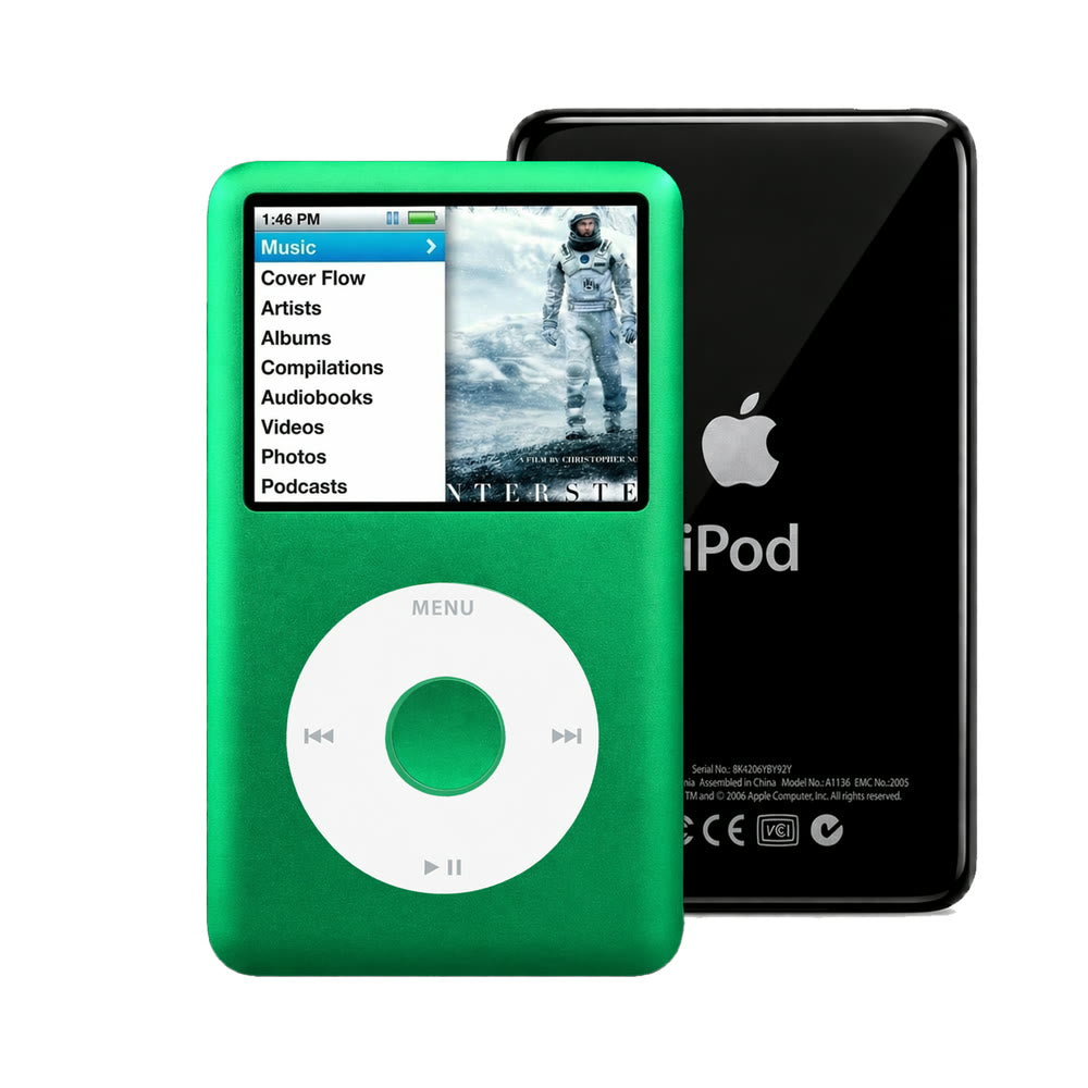 Green refurbished iPod Classic 7th Gen with White click wheel and Black back plate