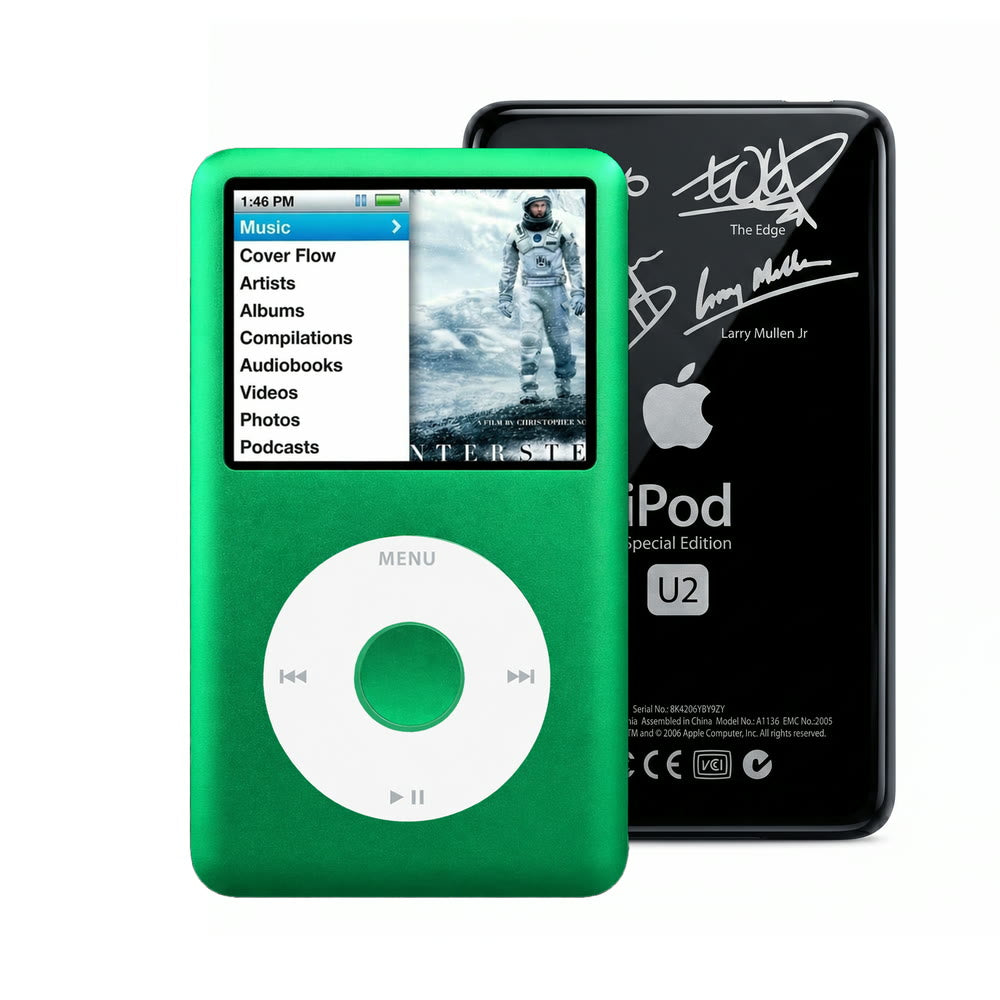 Green refurbished iPod Classic 7th Gen with White click wheel and Black U2 back plate