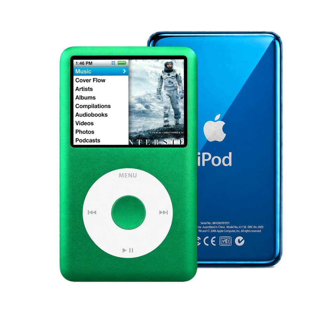 Green refurbished iPod Classic 7th Gen with White click wheel and Blue back plate
