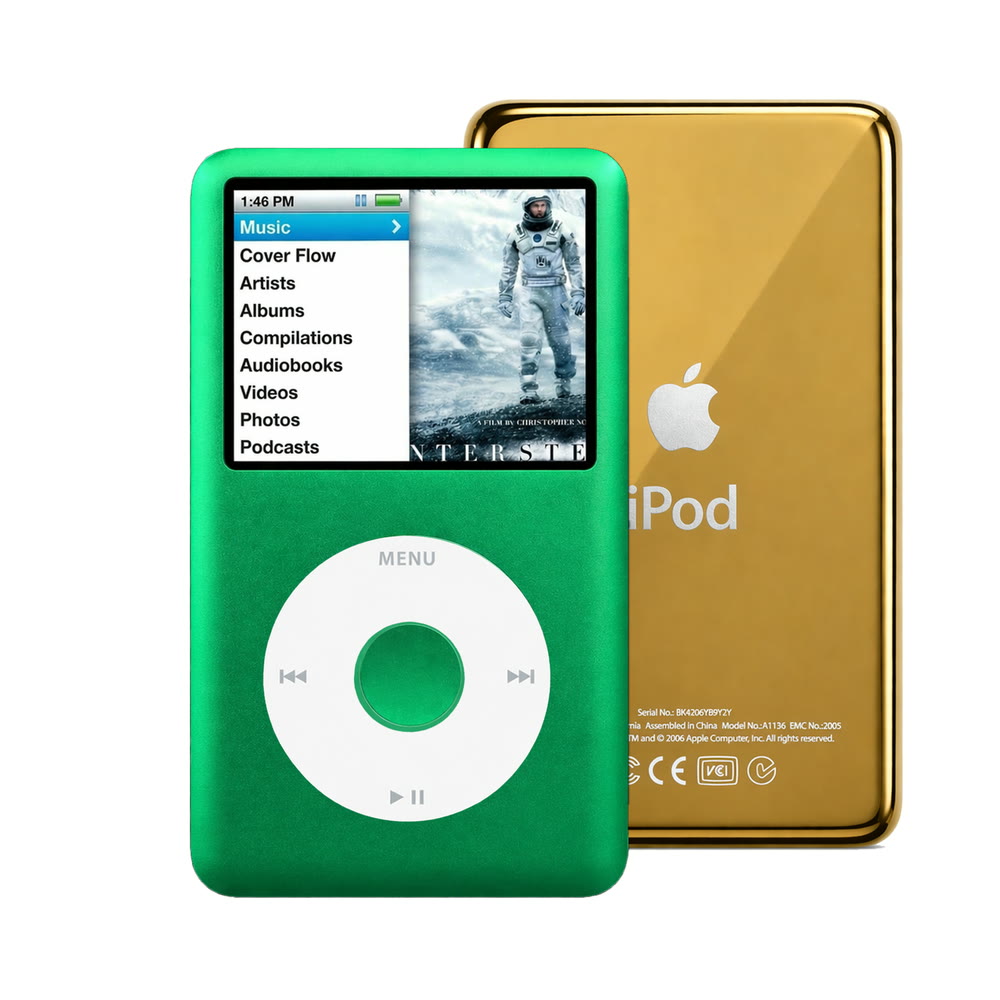 Green refurbished iPod Classic 7th Gen with White click wheel and Gold back plate