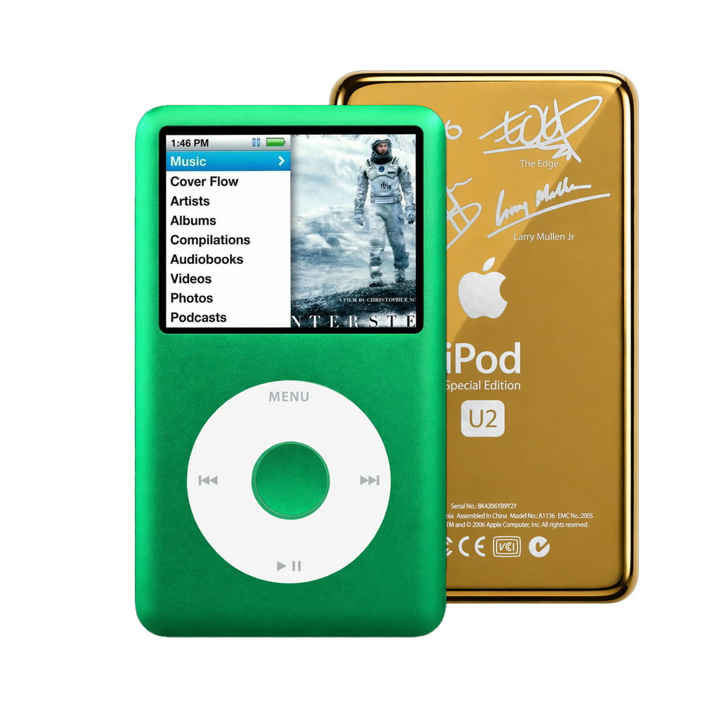 Green refurbished iPod Classic 7th Gen with White click wheel and Gold U2 back plate