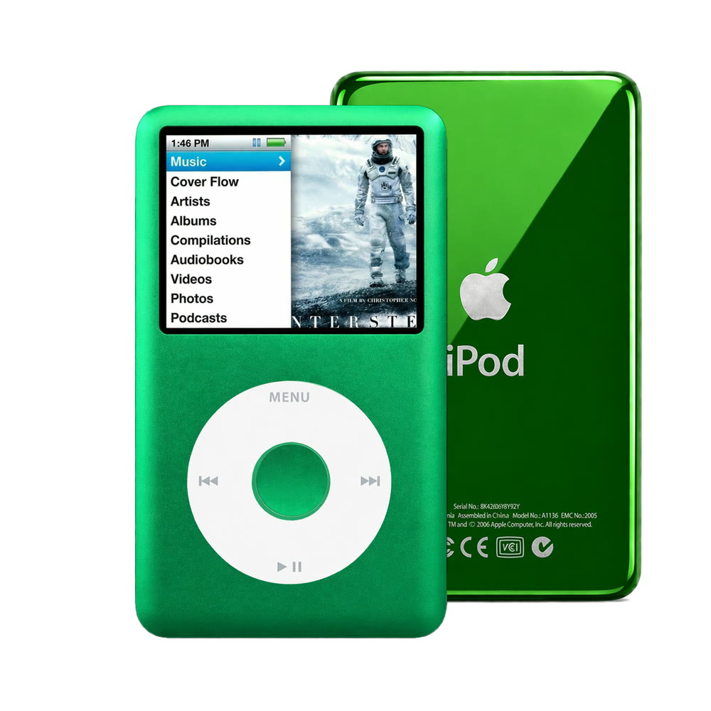 Green refurbished iPod Classic 7th Gen with White click wheel and Green back plate