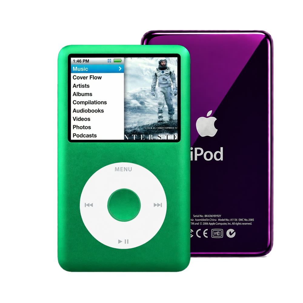Green refurbished iPod Classic 7th Gen with White click wheel and Purple back plate