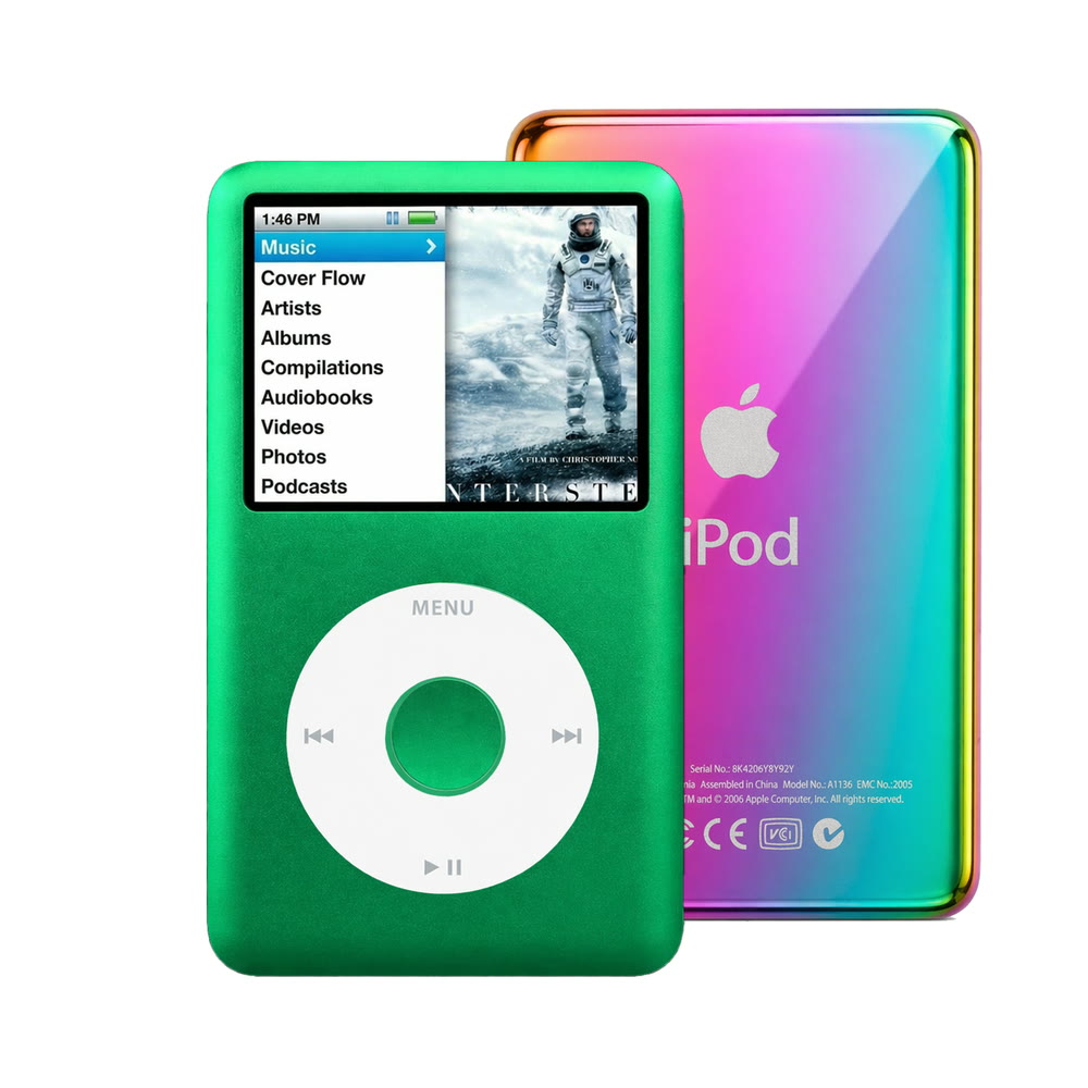 Green refurbished iPod Classic 7th Gen with White click wheel and Rainbow back plate