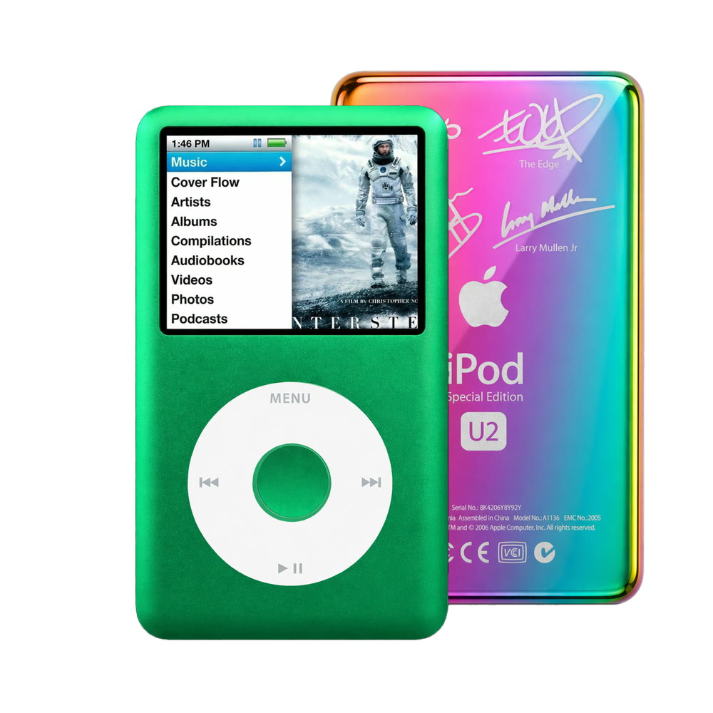 Green refurbished iPod Classic 7th Gen with White click wheel and Rainbow U2 back plate