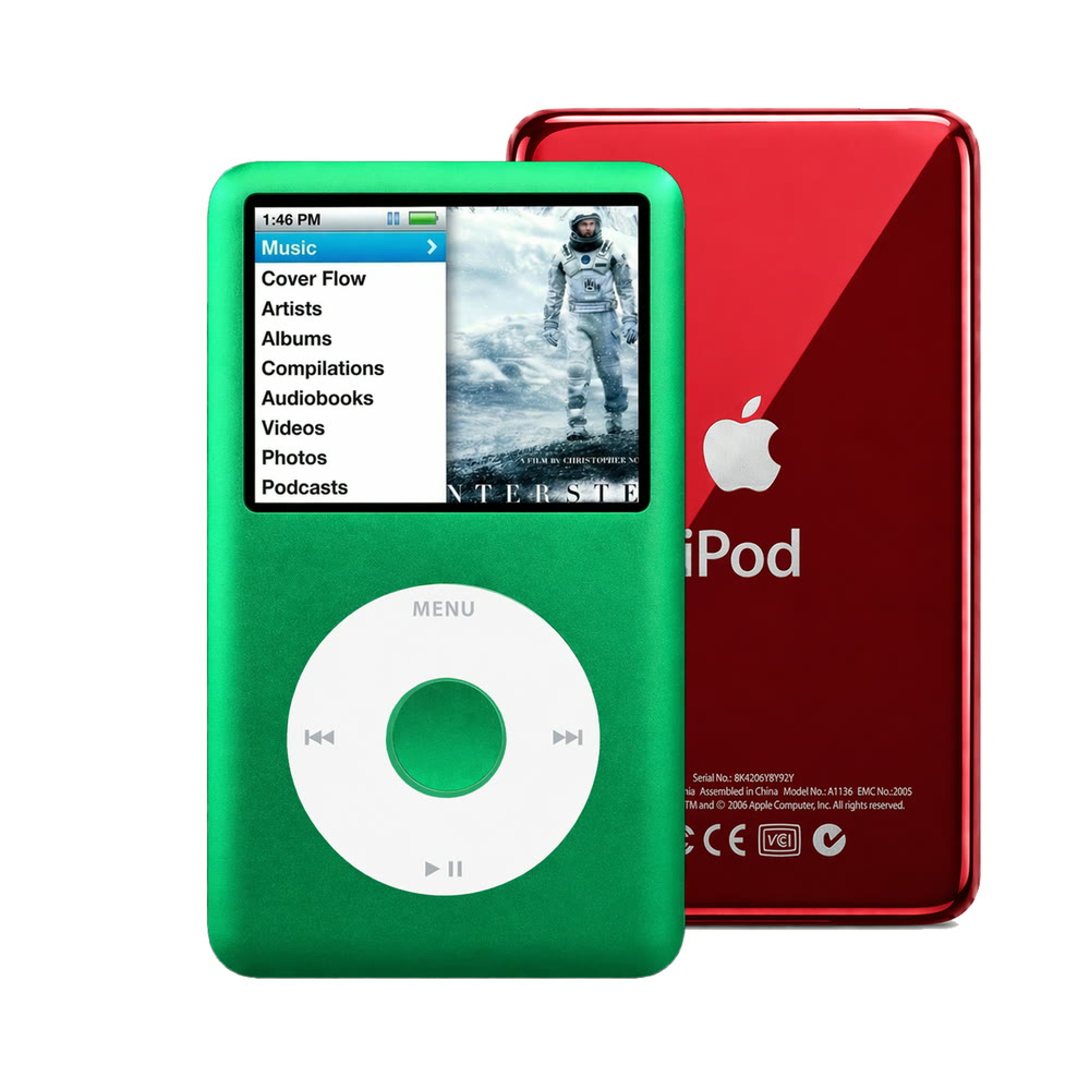Green refurbished iPod Classic 7th Gen with White click wheel and Red back plate