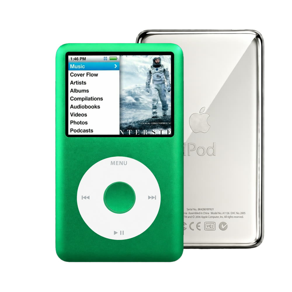 Green refurbished iPod Classic 7th Gen with White click wheel and Silver back plate