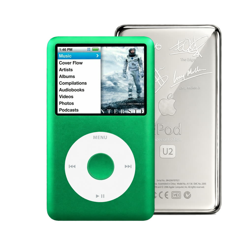 Green refurbished iPod Classic 7th Gen with White click wheel and Silver U2 back plate