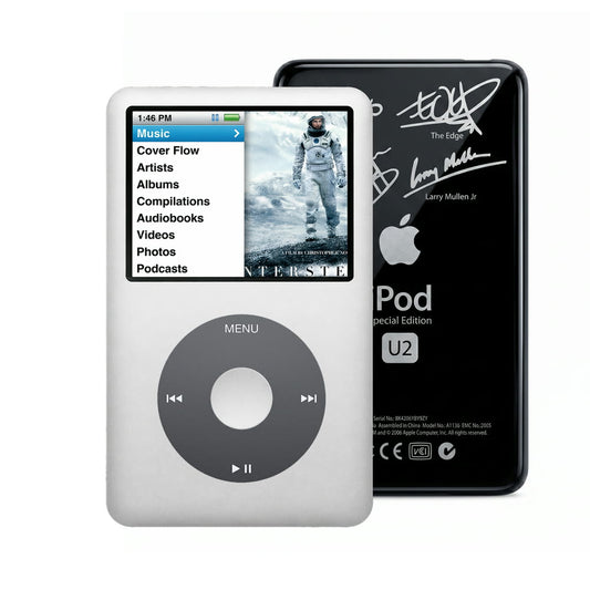 Gray refurbished iPod Classic 7th Gen with Black click wheel and Black U2 back plate