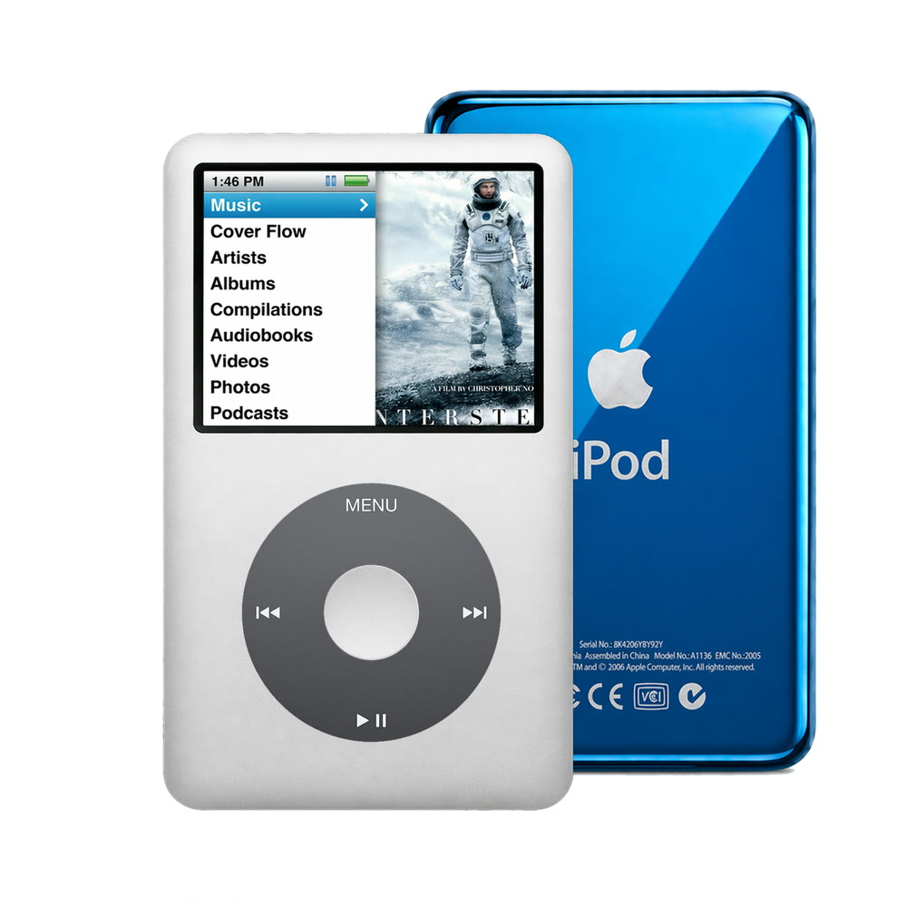 Gray refurbished iPod Classic 7th Gen with Black click wheel and Blue back plate