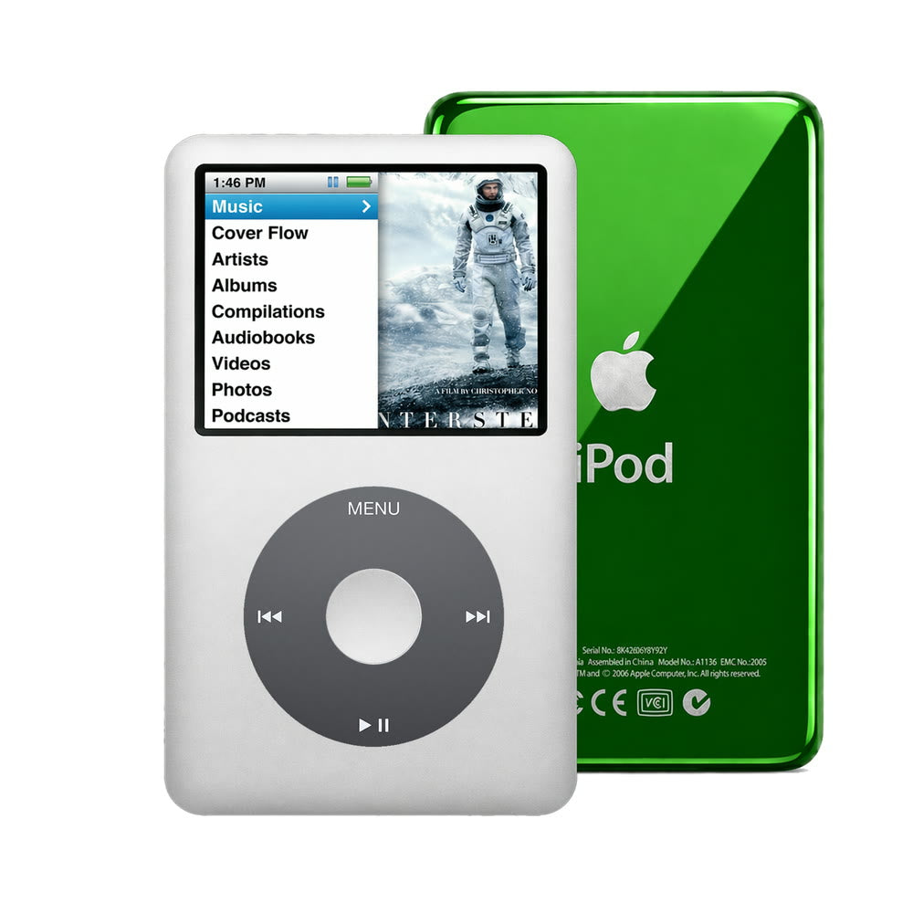 Gray refurbished iPod Classic 7th Gen with Black click wheel and Green back plate