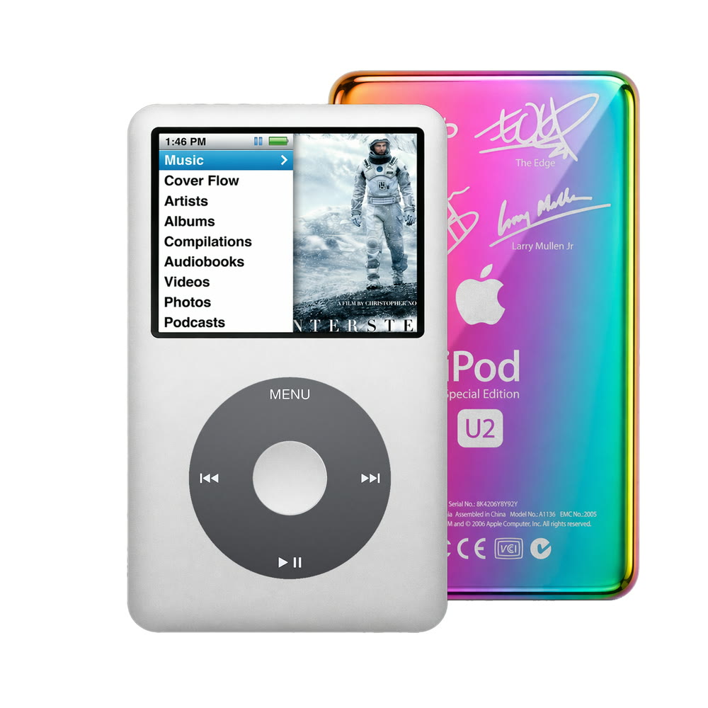 Gray refurbished iPod Classic 7th Gen with Black click wheel and Rainbow U2 back plate