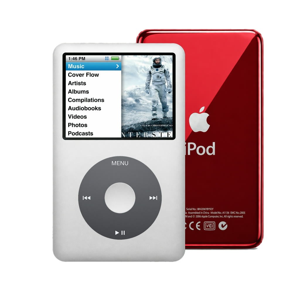 Gray refurbished iPod Classic 7th Gen with Black click wheel and Red back plate