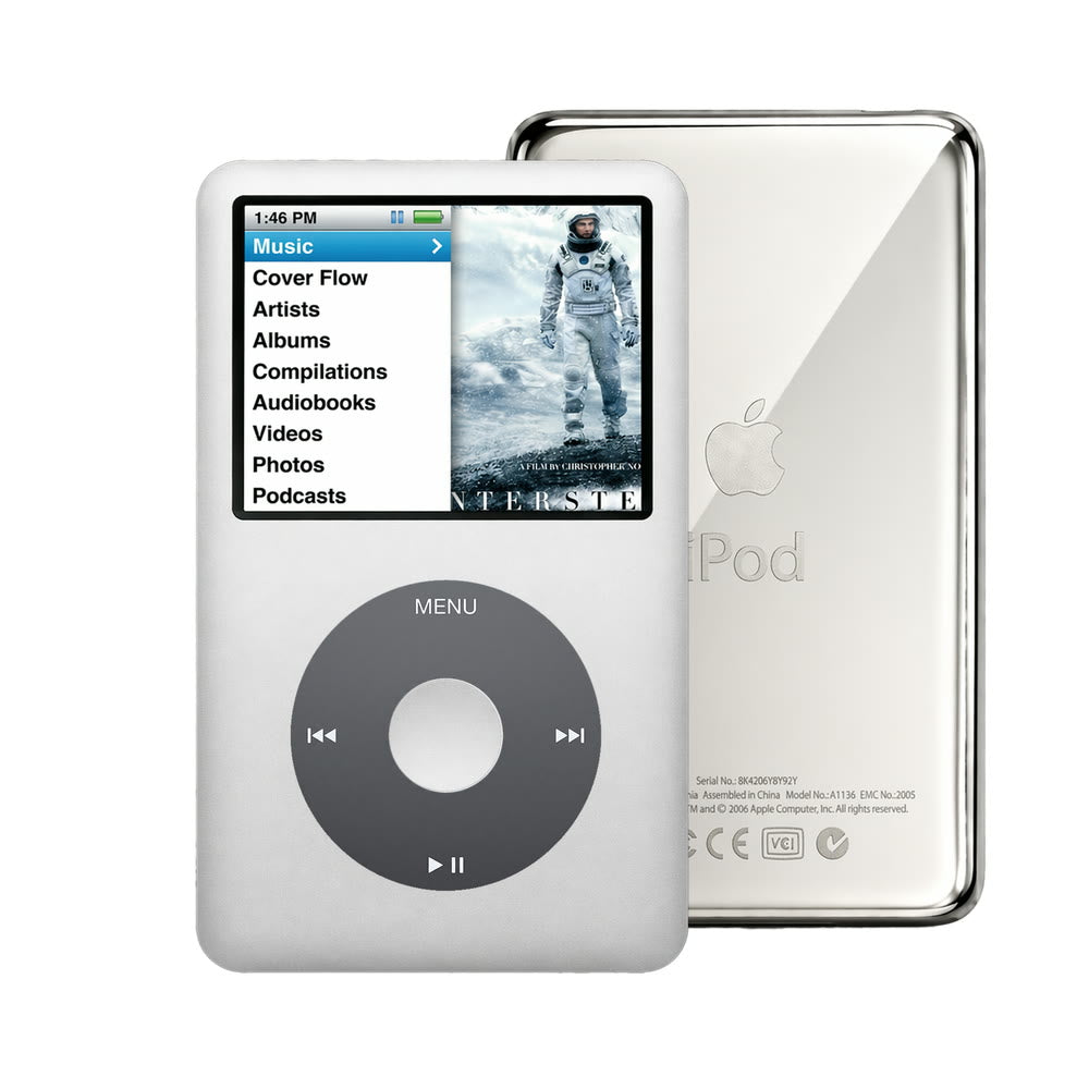 Gray refurbished iPod Classic 7th Gen with Black click wheel and Silver back plate