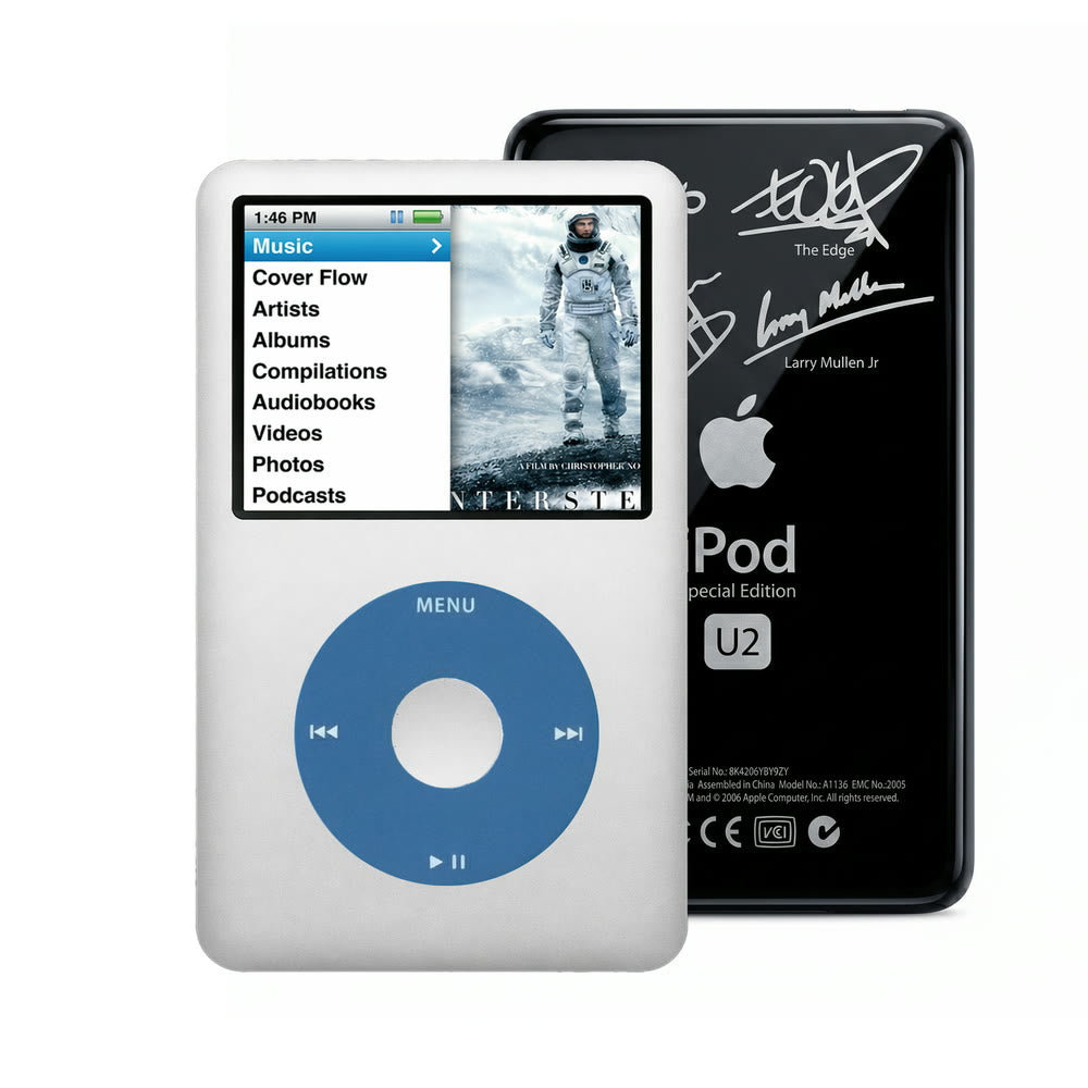 Gray refurbished iPod Classic 7th Gen with Blue click wheel and Black U2 back plate