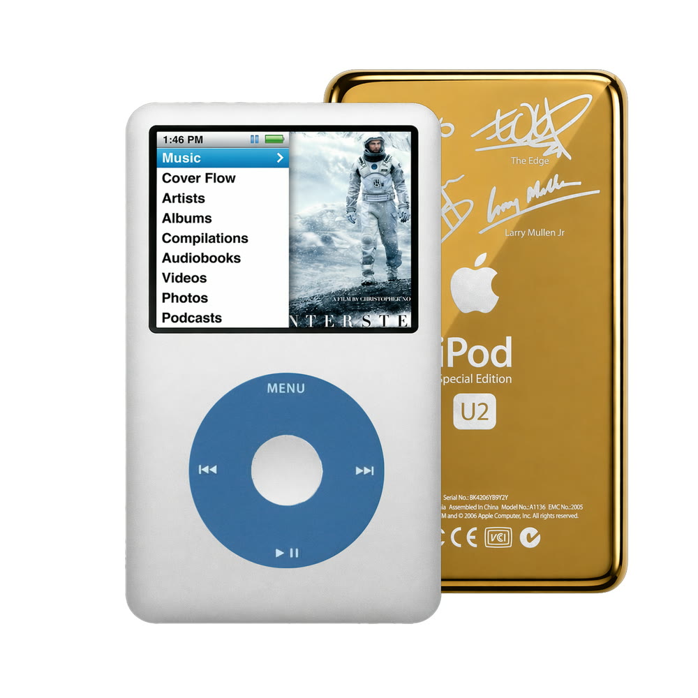 Gray refurbished iPod Classic 7th Gen with Blue click wheel and Gold U2 back plate